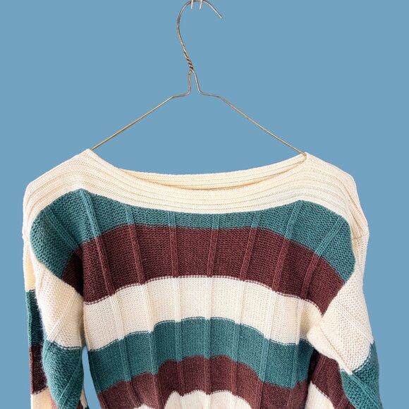 Fashion Workshop Vintage Striped Chunky Knit Sweater Cream Teal Brown Medium - Picture 2 of 5